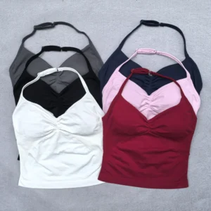 Adjustable Strappy Backless Gym Top – Scrunch Bra with Removable Cups