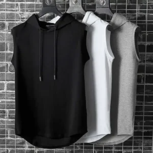 Men's lace up hooded sleeveless vest, men's summer loose solid color