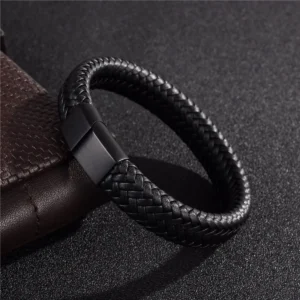 Men’s Retro Leather Open Bangle – Woven Multi‑Size Bracelet