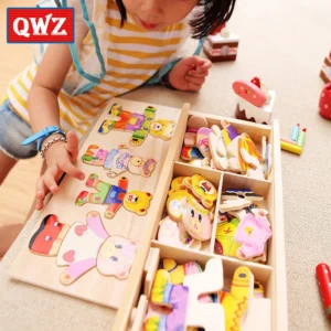 QWZ Little Bear Change Clothes – Wooden Dressing Puzzle for Early Motor Skills & Creative Play